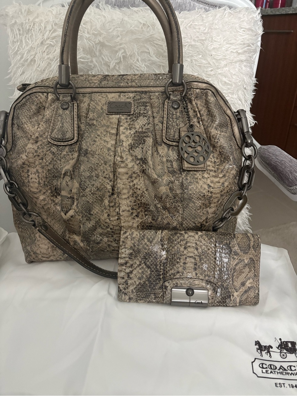 Coach Snake-Print Satchel in Taupe and Brown